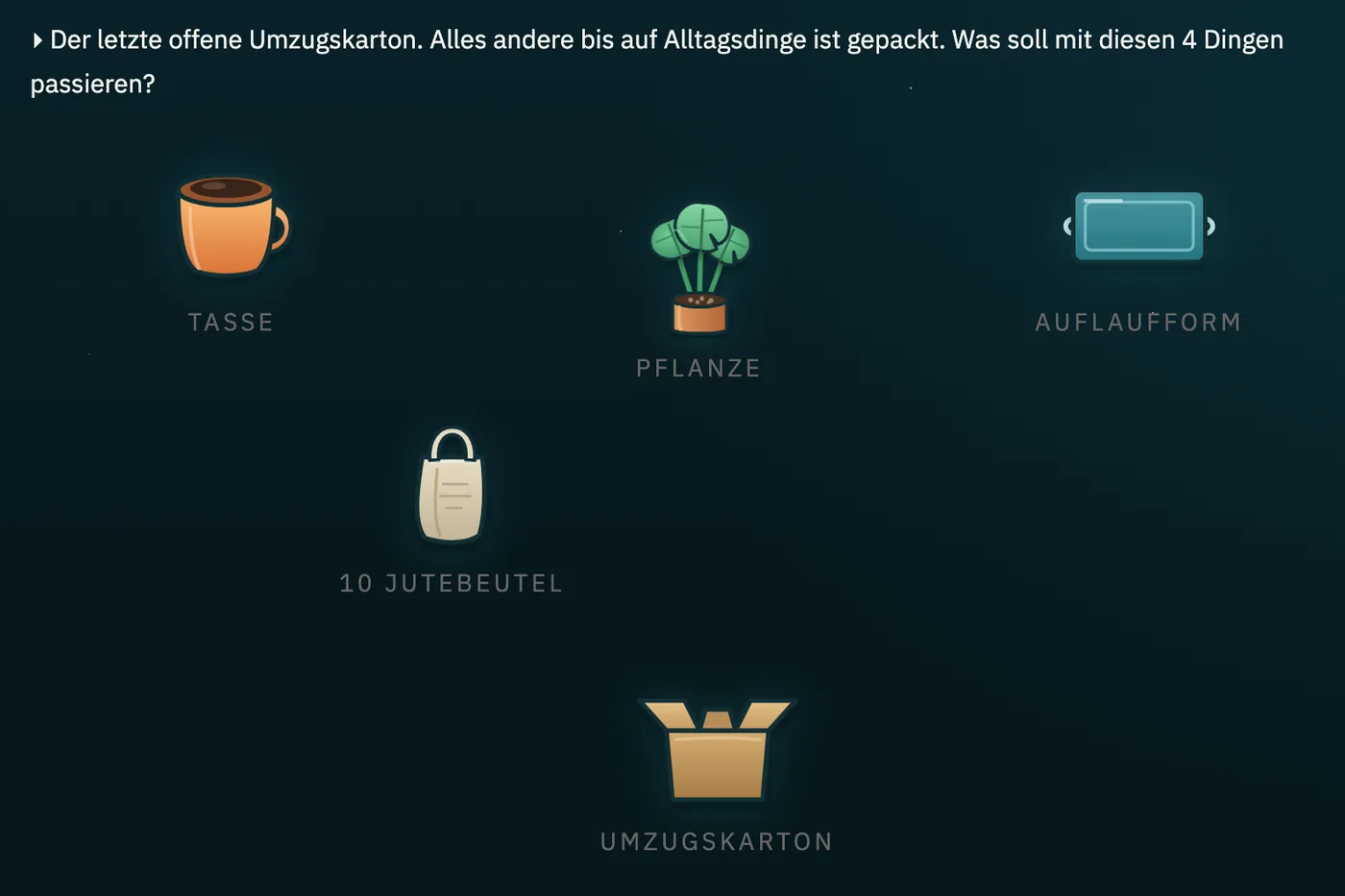 Dieselbe Szene in Farbe: orange Tasse, gr&uuml;ne Pflanze, blaue Auflaufform, beiger Jutebeutel, brauner Karton, jedes Ding mit einem Schein dahinter.