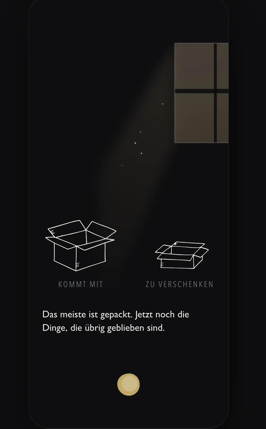Das Zimmer ist da: ein Fenster oben rechts, ein Lichtkegel mit Staub darin, die zwei gezeichneten Kartons &bdquo;Kommt mit&ldquo; und &bdquo;Zu verschenken&ldquo; und der gelbe Klecks zum Weitertippen.