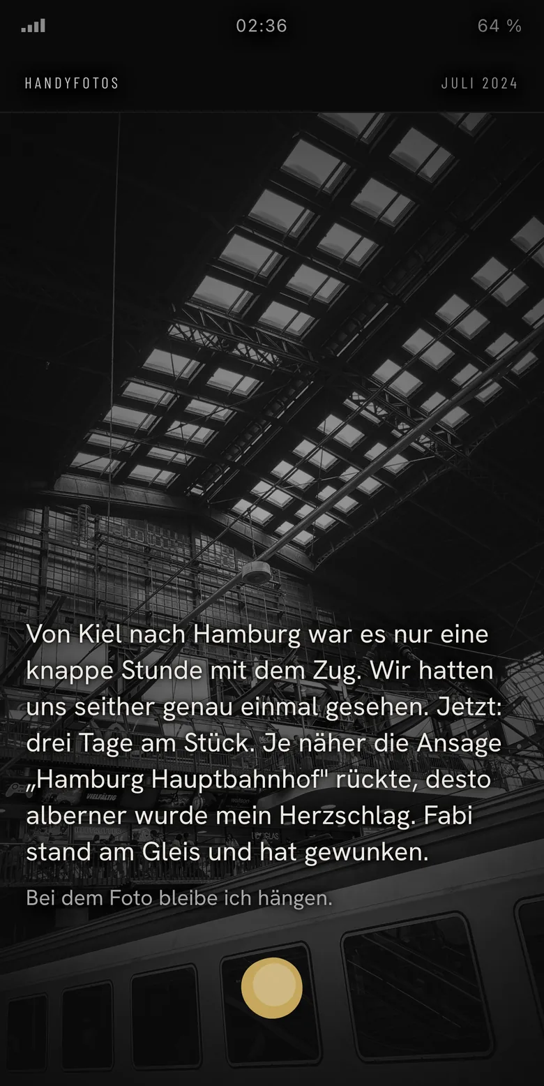 Die Fotorolle im Handy, &bdquo;Handyfotos, Juli 2024&ldquo;: das Dach des Hamburger Hauptbahnhofs, dar&uuml;ber Fines Erinnerung an die Zugfahrt zu Fabi und die Zeile &bdquo;Bei dem Foto bleibe ich h&auml;ngen.&ldquo;