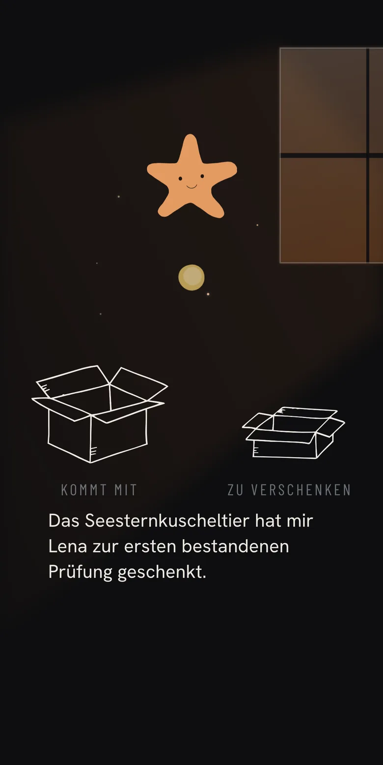 Ein Seesternkuscheltier schwebt im Lichtkegel &uuml;ber den zwei Kartons &bdquo;Kommt mit&ldquo; und &bdquo;Zu verschenken&ldquo;, rechts das erleuchtete Fenster; darunter die Zeile &bdquo;Das Seesternkuscheltier hat mir Lena zur ersten bestandenen Pr&uuml;fung geschenkt.&ldquo;